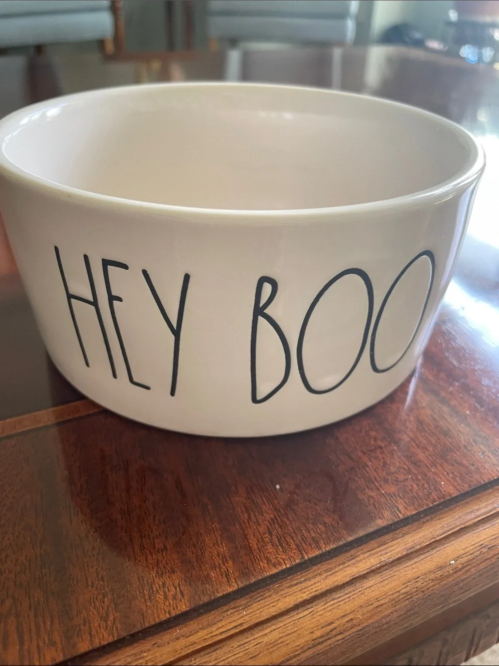 Rae Dunn White Ceramic Dog Bowl with Dog in ghost costume in bowl